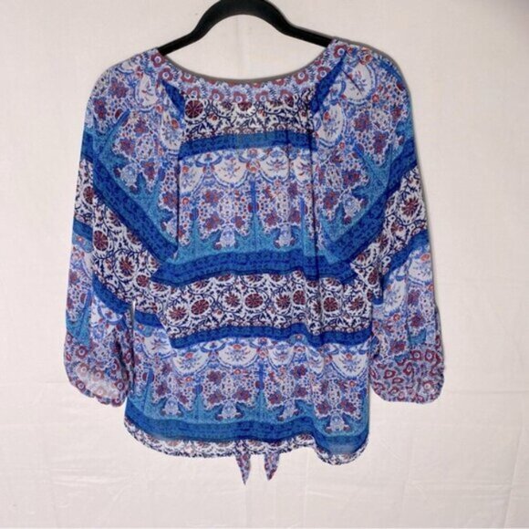 Fig And Flower Blue Red White Multi Print Boho tTie Front Semi Sheer Blouse M - Picture 2 of 15